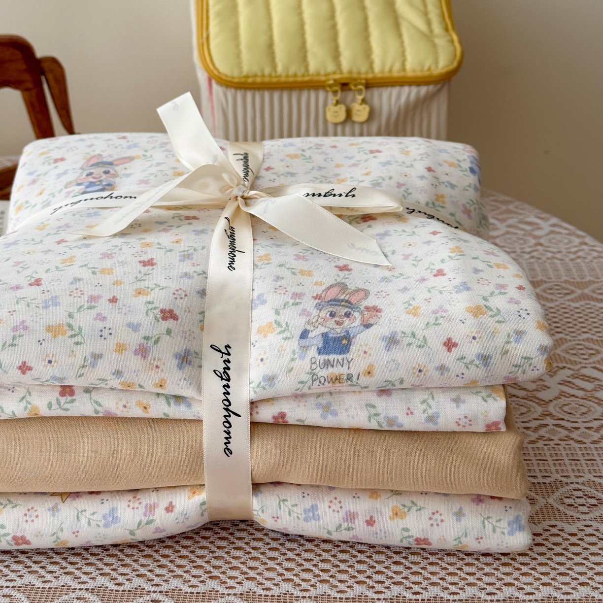 91家纺网 家纺一手货源 找家纺 于果 2026新款全棉纯棉双层纱四件套 长耳兔