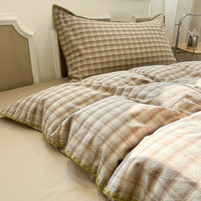 91家纺网 家纺一手货源 找家纺 （总）莱茵家居 2026新款A类全棉色织水洗棉格子贝壳边套件-愫格系列