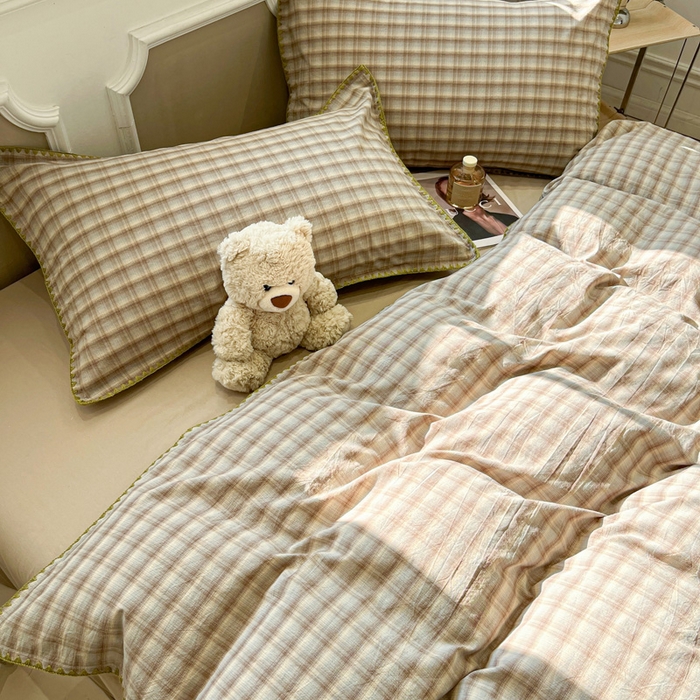 91家纺网 家纺一手货源 找家纺 （总）莱茵家居 2026新款A类全棉色织水洗棉格子贝壳边套件-愫格系列