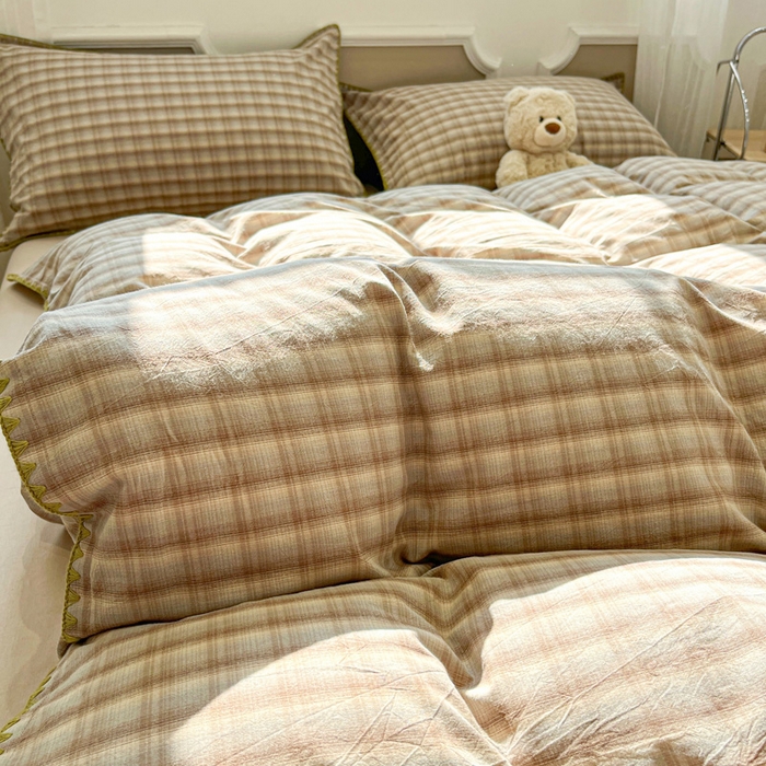 91家纺网 家纺一手货源 找家纺 （总）莱茵家居 2026新款A类全棉色织水洗棉格子贝壳边套件-愫格系列