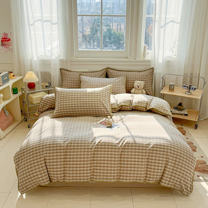 91家纺网 家纺一手货源 找家纺 莱茵家居 2026新款A类全棉色织水洗棉格子贝壳边套件-愫格系列 愫格-茶褐