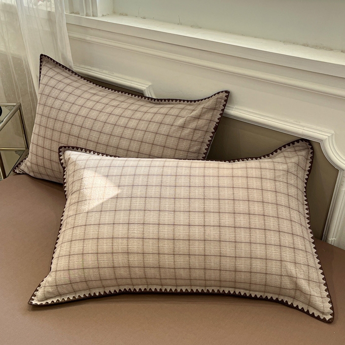 91家纺网 家纺一手货源 找家纺 莱茵家居 2026新款A类全棉色织水洗棉格子贝壳边套件-愫格系列 愫格-琥珀