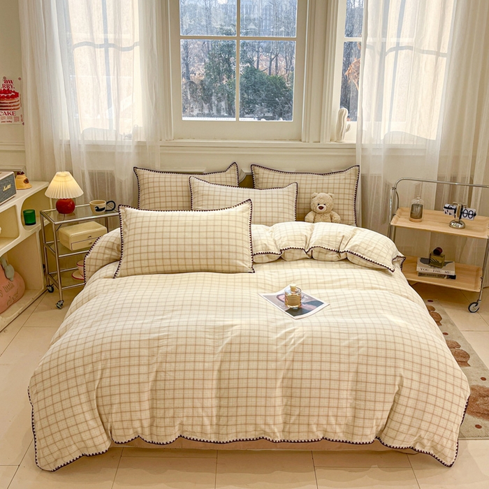 91家纺网 家纺一手货源 找家纺 莱茵家居 2026新款A类全棉色织水洗棉格子贝壳边套件-愫格系列 愫格-栗棕