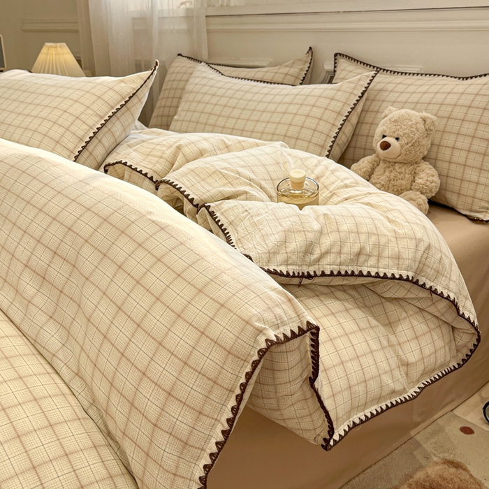 莱茵家居 2026新款A类全棉色织水洗棉格子贝壳边套件-愫格系列 愫格-栗棕