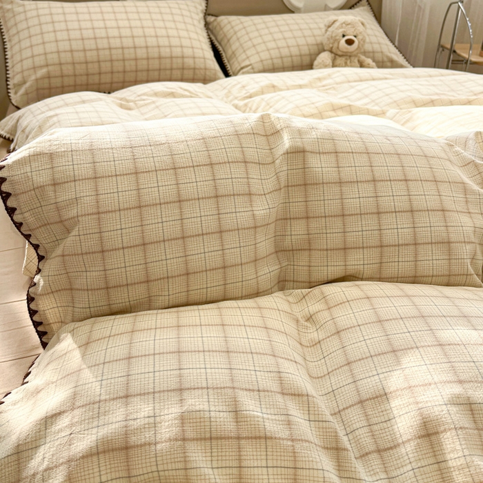 91家纺网 家纺一手货源 找家纺 莱茵家居 2026新款A类全棉色织水洗棉格子贝壳边套件-愫格系列 愫格-栗棕