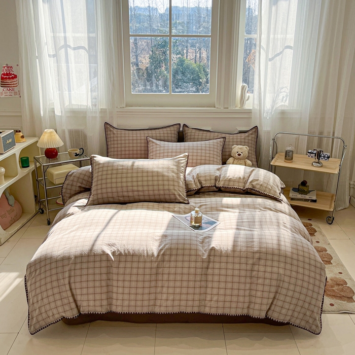 91家纺网 家纺一手货源 找家纺 莱茵家居 2026新款A类全棉色织水洗棉格子贝壳边套件-愫格系列 愫格-琥珀