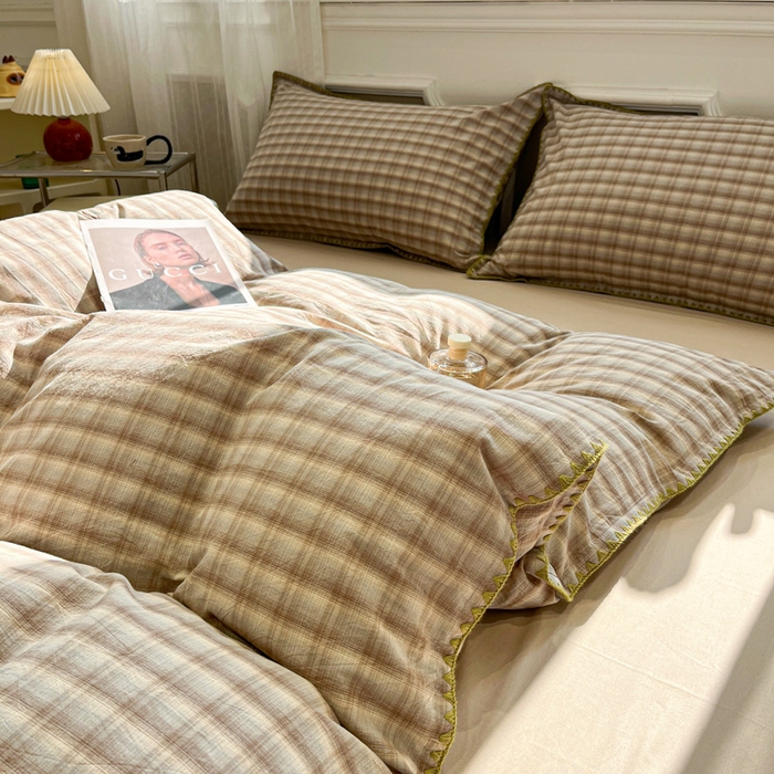 91家纺网 家纺一手货源 找家纺 莱茵家居 2026新款A类全棉色织水洗棉格子贝壳边套件-愫格系列 愫格-茶褐