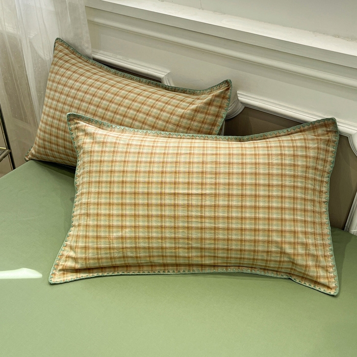 91家纺网 家纺一手货源 找家纺 莱茵家居 2026新款A类全棉色织水洗棉格子贝壳边套件-愫格系列 愫格-松绿