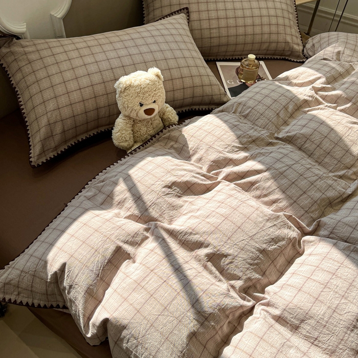 91家纺网 家纺一手货源 找家纺 莱茵家居 2026新款A类全棉色织水洗棉格子贝壳边套件-愫格系列 愫格-琥珀