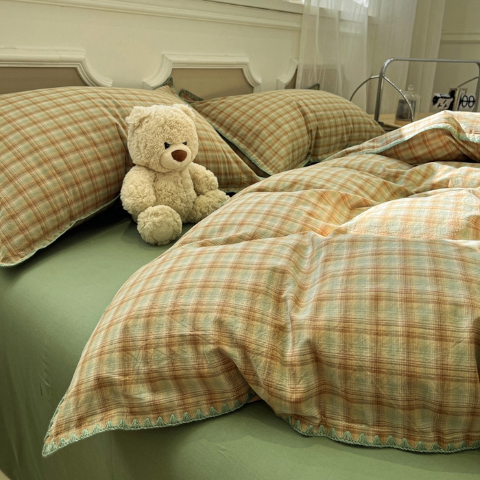 91家纺网 家纺一手货源 找家纺 莱茵家居 2026新款A类全棉色织水洗棉格子贝壳边套件-愫格系列 愫格-松绿