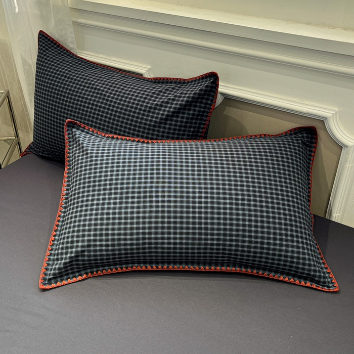 91家纺网 家纺一手货源 找家纺 莱茵家居 2026新款A类全棉色织水洗棉格子贝壳边套件-愫格系列 愫格-黑檀