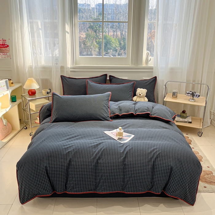 91家纺网 家纺一手货源 找家纺 莱茵家居 2026新款A类全棉色织水洗棉格子贝壳边套件-愫格系列 愫格-黑檀