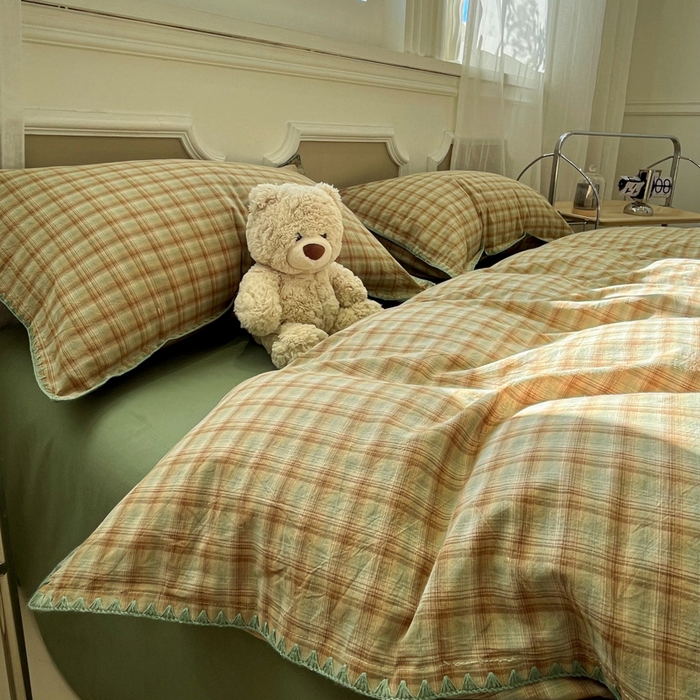 91家纺网 家纺一手货源 找家纺 莱茵家居 2026新款A类全棉色织水洗棉格子贝壳边套件-愫格系列 愫格-松绿