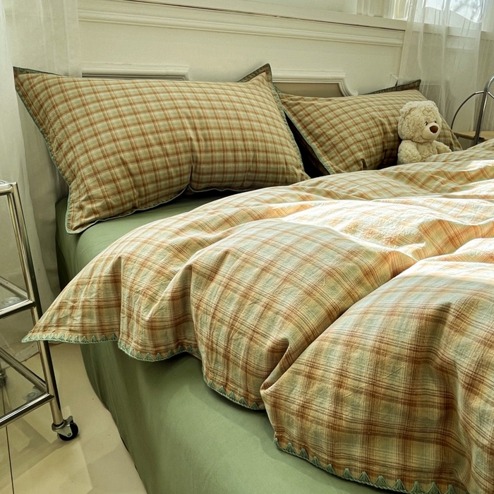 91家纺网 家纺一手货源 找家纺 莱茵家居 2026新款A类全棉色织水洗棉格子贝壳边套件-愫格系列 愫格-松绿