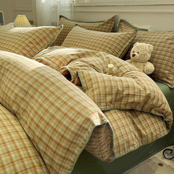 莱茵家居 2026新款A类全棉色织水洗棉格子贝壳边套件-愫格系列 愫格-松绿