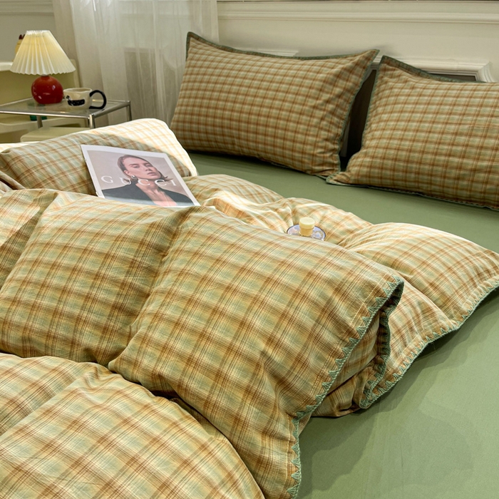 91家纺网 家纺一手货源 找家纺 莱茵家居 2026新款A类全棉色织水洗棉格子贝壳边套件-愫格系列 愫格-松绿