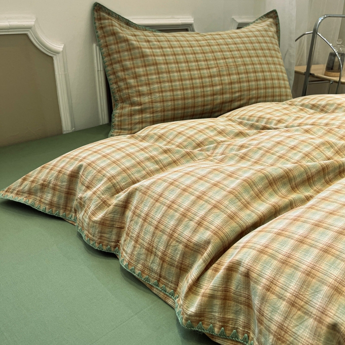 91家纺网 家纺一手货源 找家纺 莱茵家居 2026新款A类全棉色织水洗棉格子贝壳边套件-愫格系列 愫格-松绿