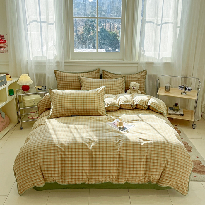 91家纺网 家纺一手货源 找家纺 莱茵家居 2026新款A类全棉色织水洗棉格子贝壳边套件-愫格系列 愫格-松绿