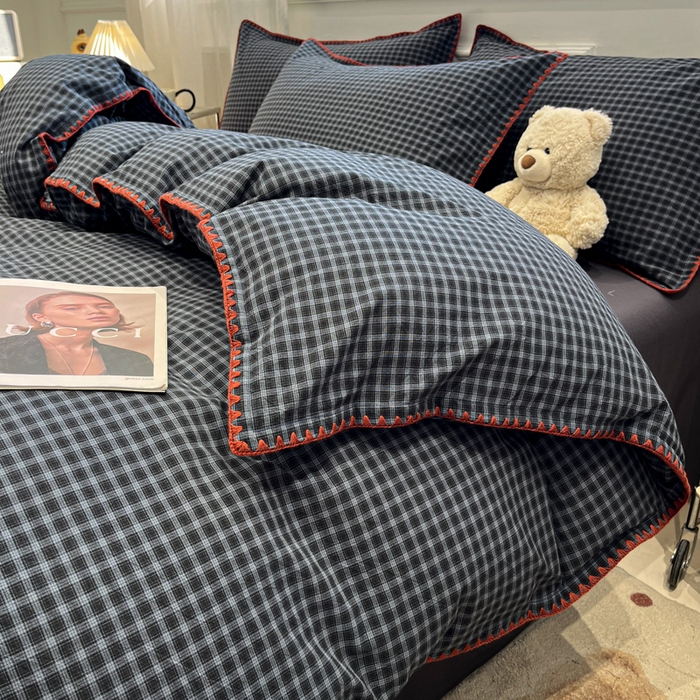 91家纺网 家纺一手货源 找家纺 莱茵家居 2026新款A类全棉色织水洗棉格子贝壳边套件-愫格系列 愫格-黑檀