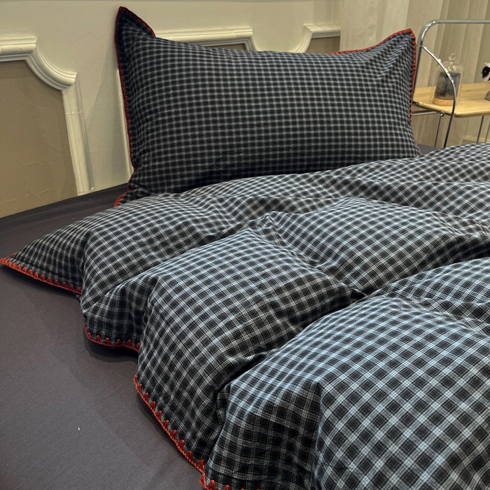 91家纺网 家纺一手货源 找家纺 莱茵家居 2026新款A类全棉色织水洗棉格子贝壳边套件-愫格系列 愫格-黑檀