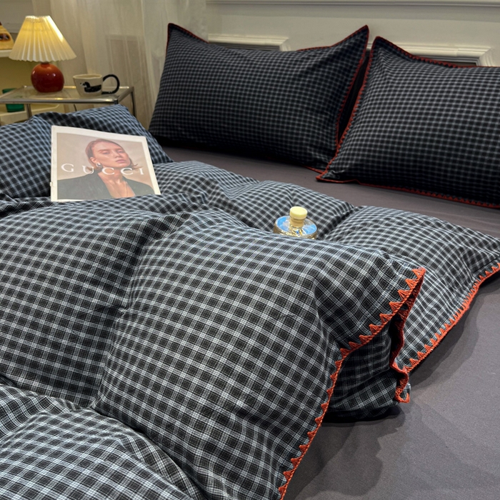 91家纺网 家纺一手货源 找家纺 莱茵家居 2026新款A类全棉色织水洗棉格子贝壳边套件-愫格系列 愫格-黑檀