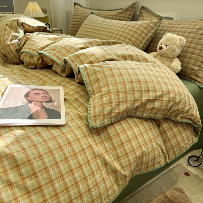 91家纺网 家纺一手货源 找家纺 莱茵家居 2026新款A类全棉色织水洗棉格子贝壳边套件-愫格系列 愫格-松绿