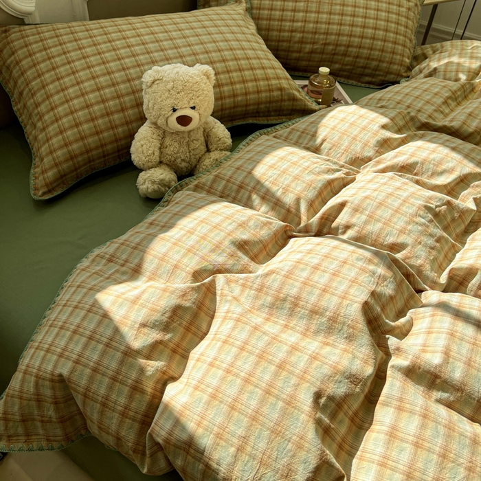 91家纺网 家纺一手货源 找家纺 莱茵家居 2026新款A类全棉色织水洗棉格子贝壳边套件-愫格系列 愫格-松绿