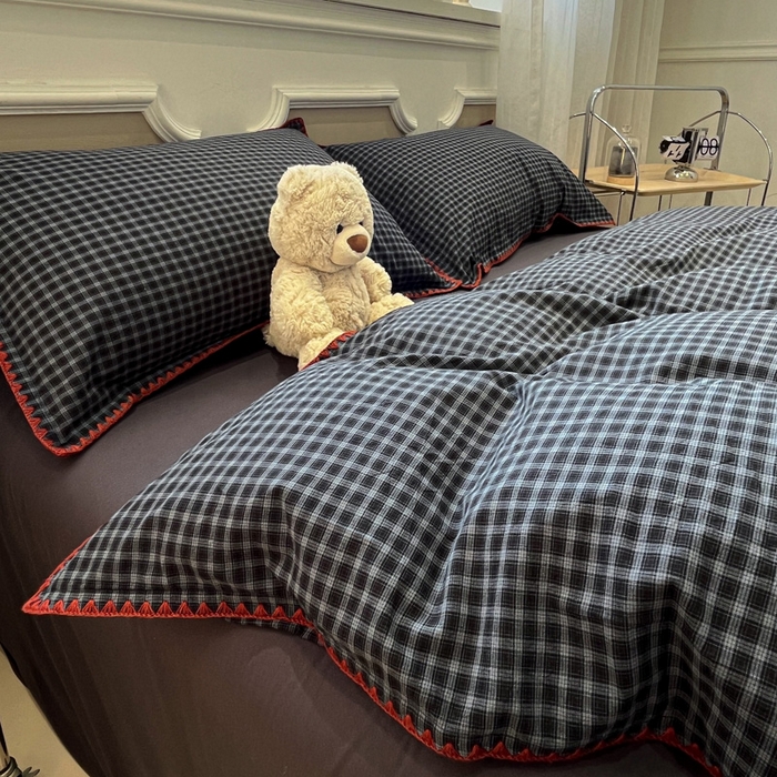 91家纺网 家纺一手货源 找家纺 莱茵家居 2026新款A类全棉色织水洗棉格子贝壳边套件-愫格系列 愫格-黑檀