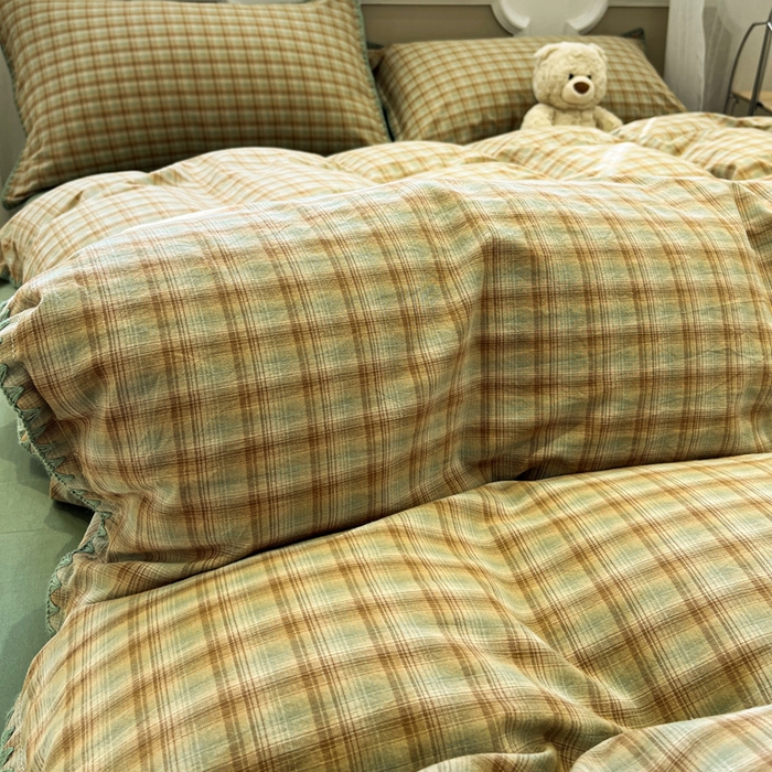 91家纺网 家纺一手货源 找家纺 莱茵家居 2026新款A类全棉色织水洗棉格子贝壳边套件-愫格系列 愫格-松绿