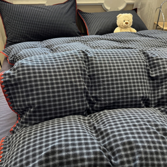 91家纺网 家纺一手货源 找家纺 莱茵家居 2026新款A类全棉色织水洗棉格子贝壳边套件-愫格系列 愫格-黑檀