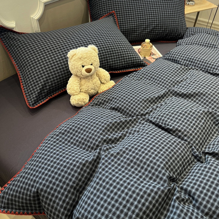 91家纺网 家纺一手货源 找家纺 莱茵家居 2026新款A类全棉色织水洗棉格子贝壳边套件-愫格系列 愫格-黑檀