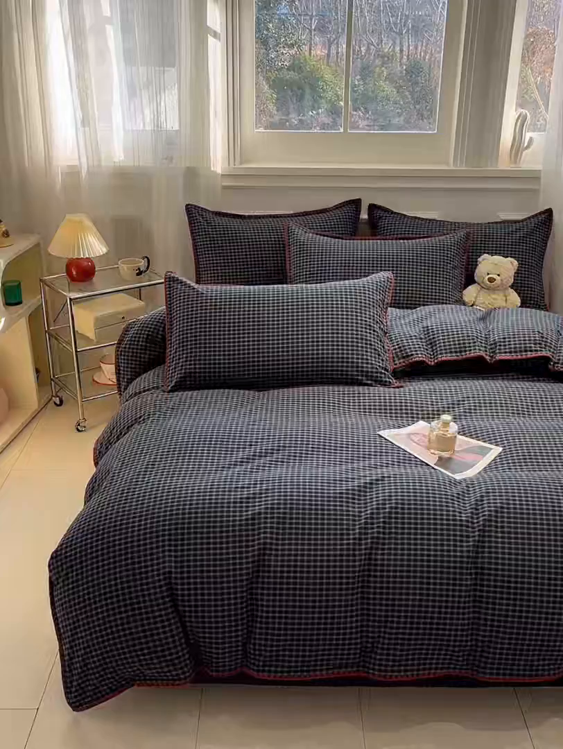 91家纺网 家纺一手货源 找家纺 莱茵家居 2026新款A类全棉色织水洗棉格子贝壳边套件-愫格系列 愫格-黑檀