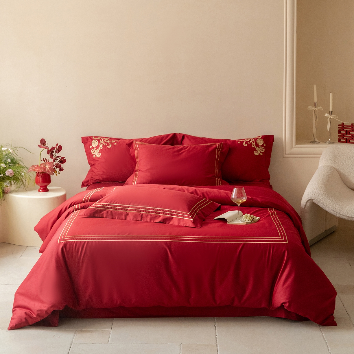 91家纺网 家纺一手货源 找家纺 （总）安力森/诚臻酒店用品 2026新款结婚被套四件套婚庆纯棉全棉红色被套床单床上用品床笠月光欢喜刺绣