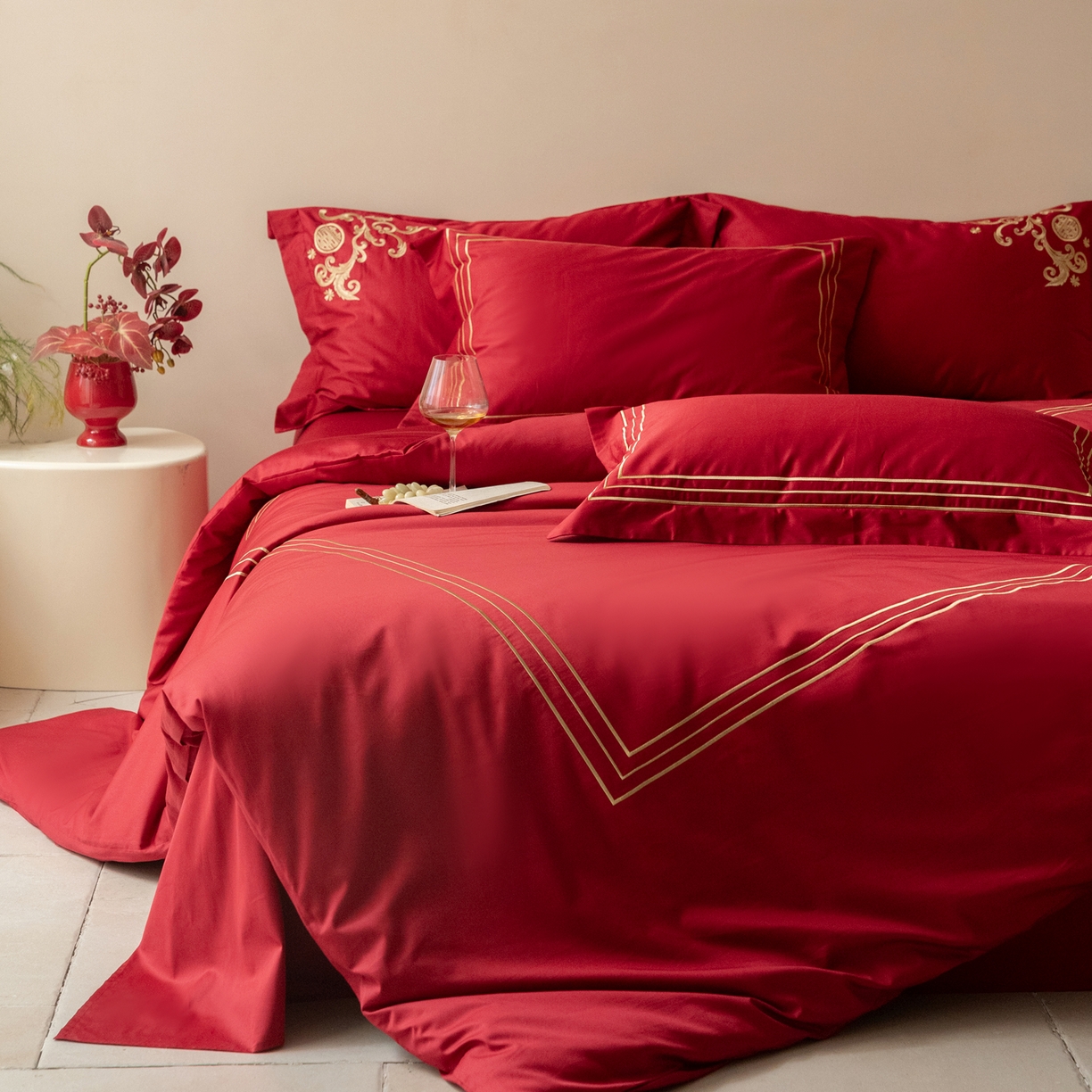 91家纺网 家纺一手货源 找家纺 （总）安力森/诚臻酒店用品 2026新款结婚被套四件套婚庆纯棉全棉红色被套床单床上用品床笠月光欢喜刺绣