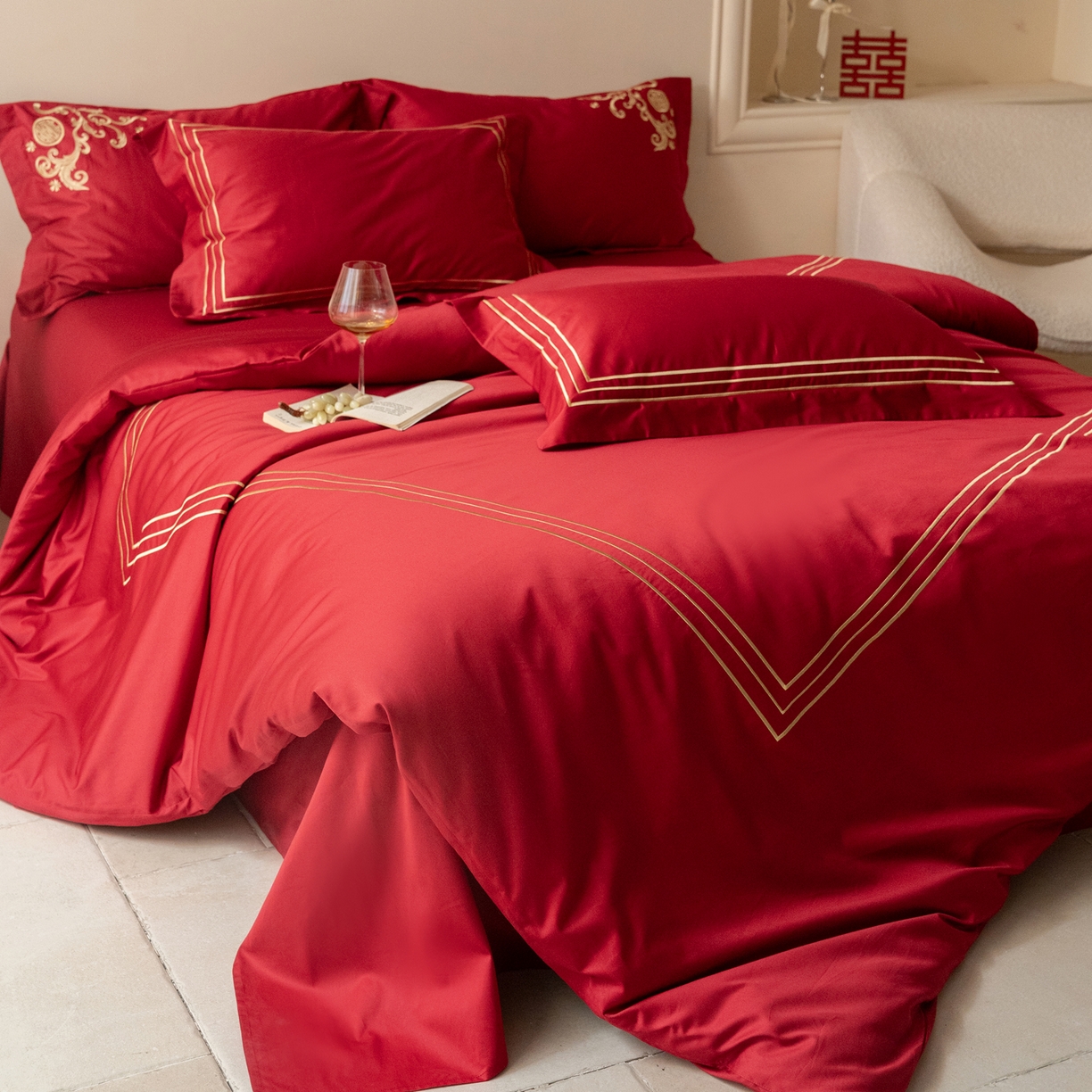 91家纺网 家纺一手货源 找家纺 （总）安力森/诚臻酒店用品 2026新款结婚被套四件套婚庆纯棉全棉红色被套床单床上用品床笠月光欢喜刺绣