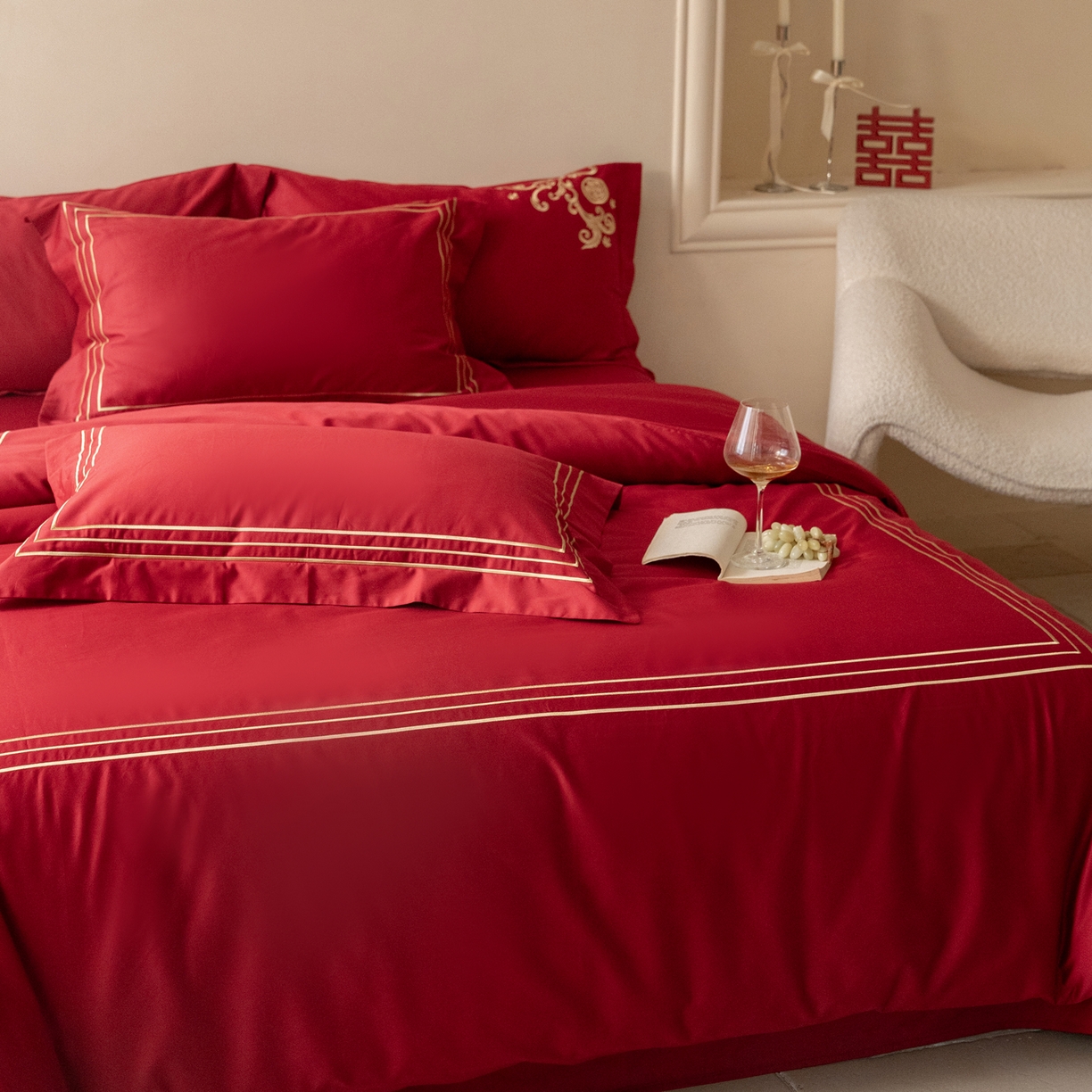 91家纺网 家纺一手货源 找家纺 （总）安力森/诚臻酒店用品 2026新款结婚被套四件套婚庆纯棉全棉红色被套床单床上用品床笠月光欢喜刺绣