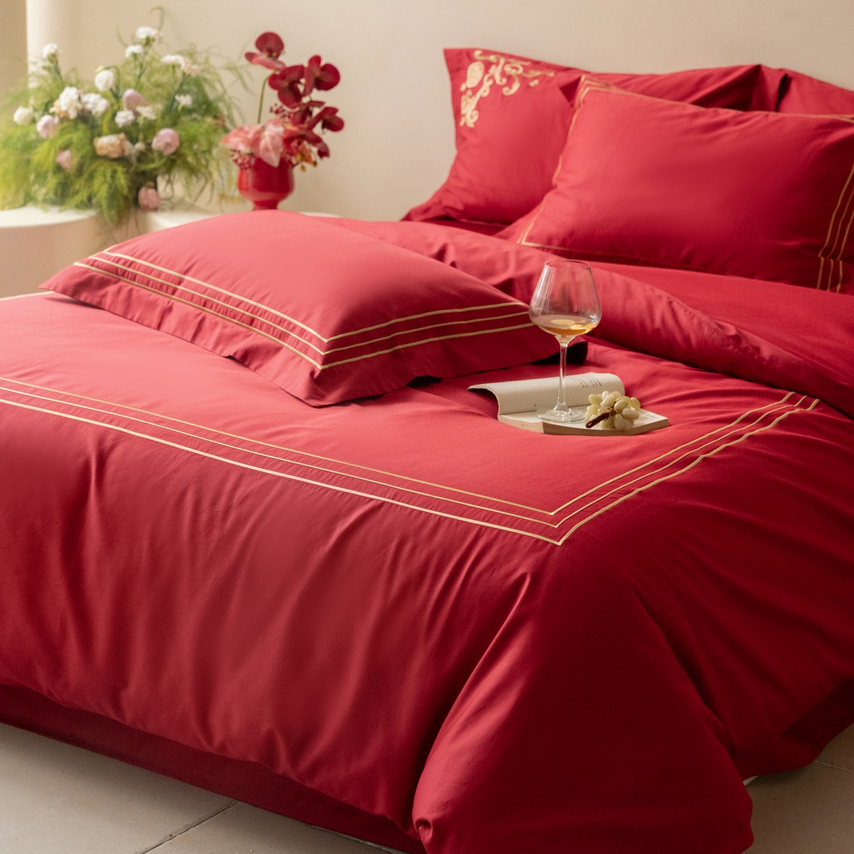 91家纺网 家纺一手货源 找家纺 （总）安力森/诚臻酒店用品 2026新款结婚被套四件套婚庆纯棉全棉红色被套床单床上用品床笠月光欢喜刺绣