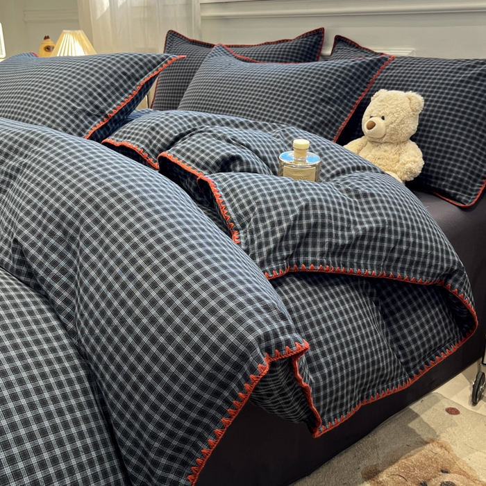 91家纺网 家纺一手货源 找家纺 （总）莱茵家居 2026新款A类全棉色织水洗棉格子贝壳边套件-愫格系列