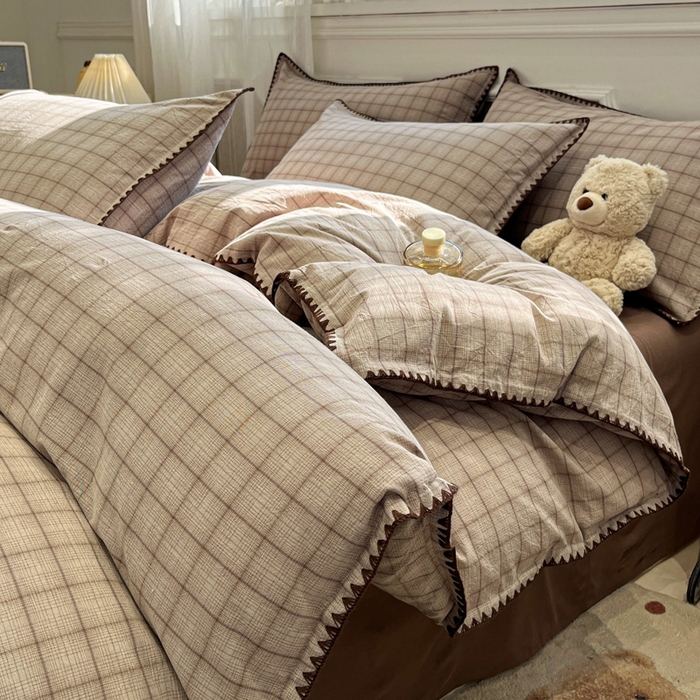 91家纺网 家纺一手货源 找家纺 （总）莱茵家居 2026新款A类全棉色织水洗棉格子贝壳边套件-愫格系列