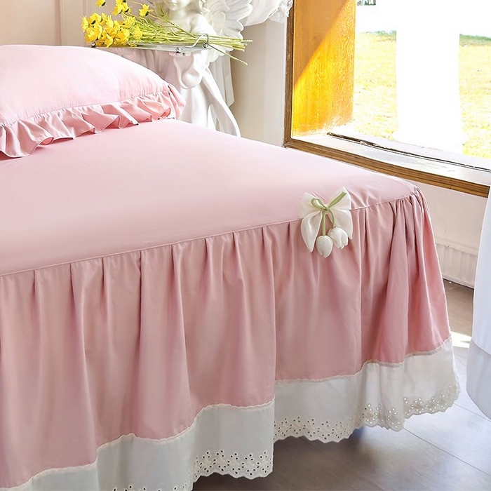 91家纺网 家纺一手货源 找家纺 乐朵家居 2026新款 25-3郁金香 天丝缎蕾丝床裙+可配空调 豆沙粉