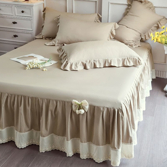 91家纺网 家纺一手货源 找家纺 乐朵家居 2026新款 25-3郁金香 天丝缎蕾丝床裙+可配空调 卡其