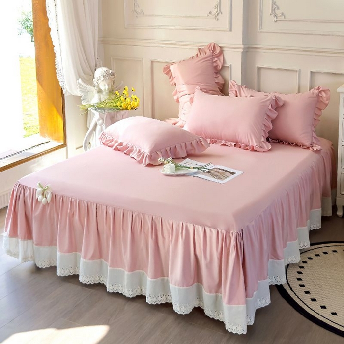 91家纺网 家纺一手货源 找家纺 乐朵家居 2026新款 25-3郁金香 天丝缎蕾丝床裙+可配空调 豆沙粉