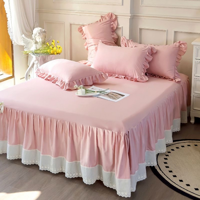 91家纺网 家纺一手货源 找家纺 乐朵家居 2026新款 25-3郁金香 天丝缎蕾丝床裙+可配空调 豆沙粉