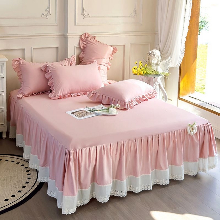 91家纺网 家纺一手货源 找家纺 乐朵家居 2026新款 25-3郁金香 天丝缎蕾丝床裙+可配空调 豆沙粉