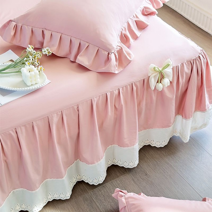 91家纺网 家纺一手货源 找家纺 乐朵家居 2026新款 25-3郁金香 天丝缎蕾丝床裙+可配空调 豆沙粉