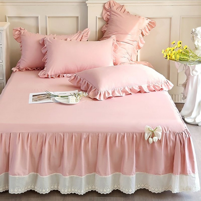 91家纺网 家纺一手货源 找家纺 乐朵家居 2026新款 25-3郁金香 天丝缎蕾丝床裙+可配空调 豆沙粉