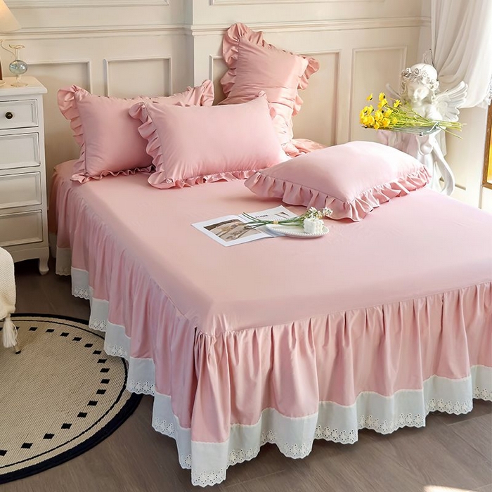 91家纺网 家纺一手货源 找家纺 乐朵家居 2026新款 25-3郁金香 天丝缎蕾丝床裙+可配空调 豆沙粉