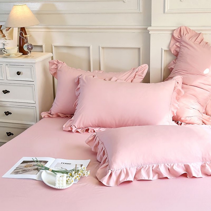 91家纺网 家纺一手货源 找家纺 乐朵家居 2026新款 25-3郁金香 天丝缎蕾丝床裙+可配空调 豆沙粉