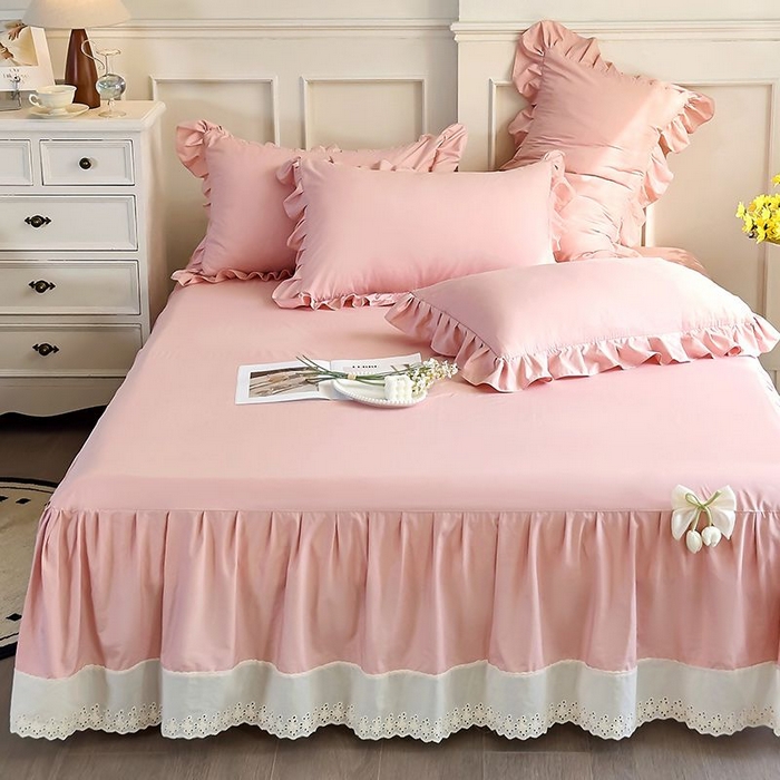 91家纺网 家纺一手货源 找家纺 乐朵家居 2026新款 25-3郁金香 天丝缎蕾丝床裙+可配空调 豆沙粉