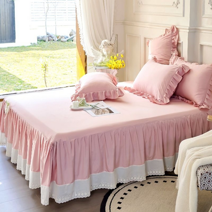 91家纺网 家纺一手货源 找家纺 乐朵家居 2026新款 25-3郁金香 天丝缎蕾丝床裙+可配空调 豆沙粉